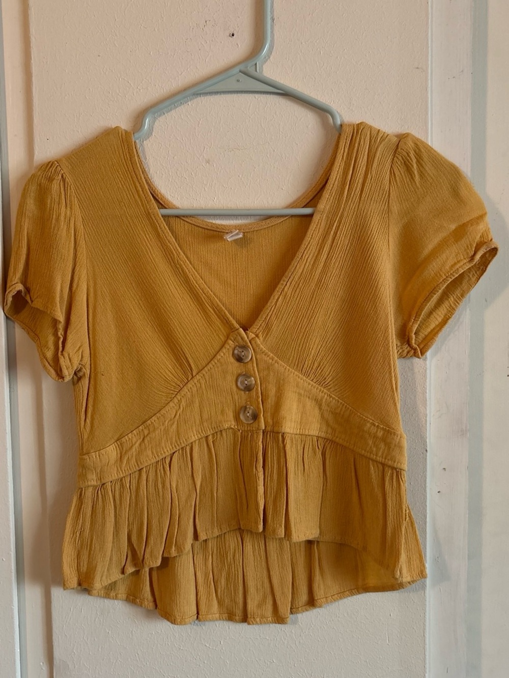 Sky and Sparrow Mustard Yellow V-Neck Button Peplum Blouse